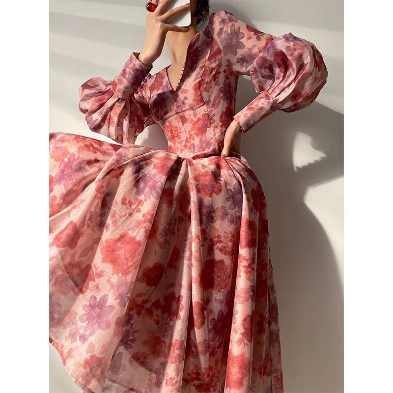 A Girls French Style Vintage Dress Women V-neck Puff Sleeve Slim Waist Big Swing Floral Printed Dresses Temperament Robe Femme alx