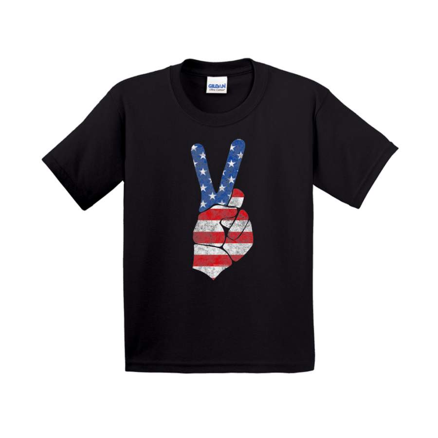 Vintage Peace Sign American Flag 4th of July Kids T-Shirt