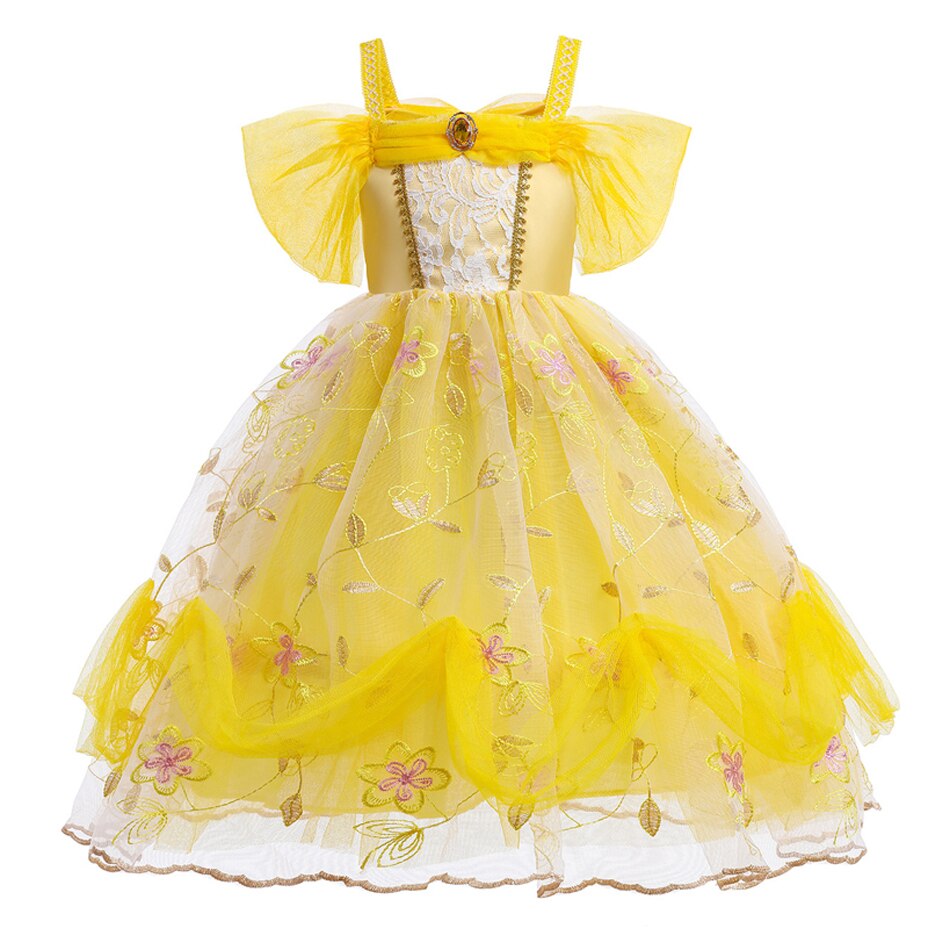 Belle Dress For Girl Luxury Lace Embroidery Shoulderless Princess Party Costume Beauty And The Beast Halloween Cosplay Outfits alx