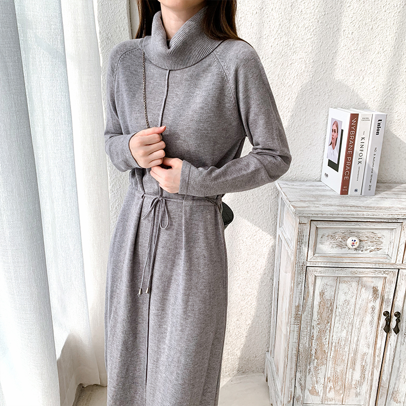 Autumn Winter Casual Soft Solid Fashion Women’s Loose Temperament Dress Knit Warm Long Skirt Simple Turtleneck Pullover alx