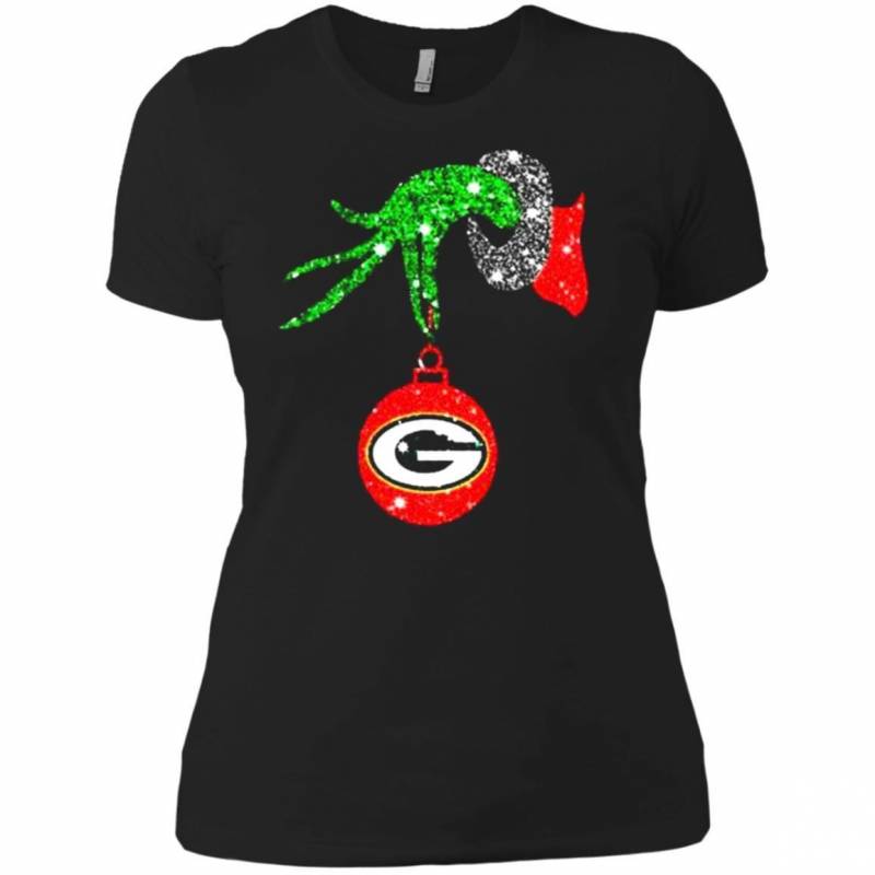 Grinch Hand Ornament Green Bay Packers Glitter Christmas Women T-shirt