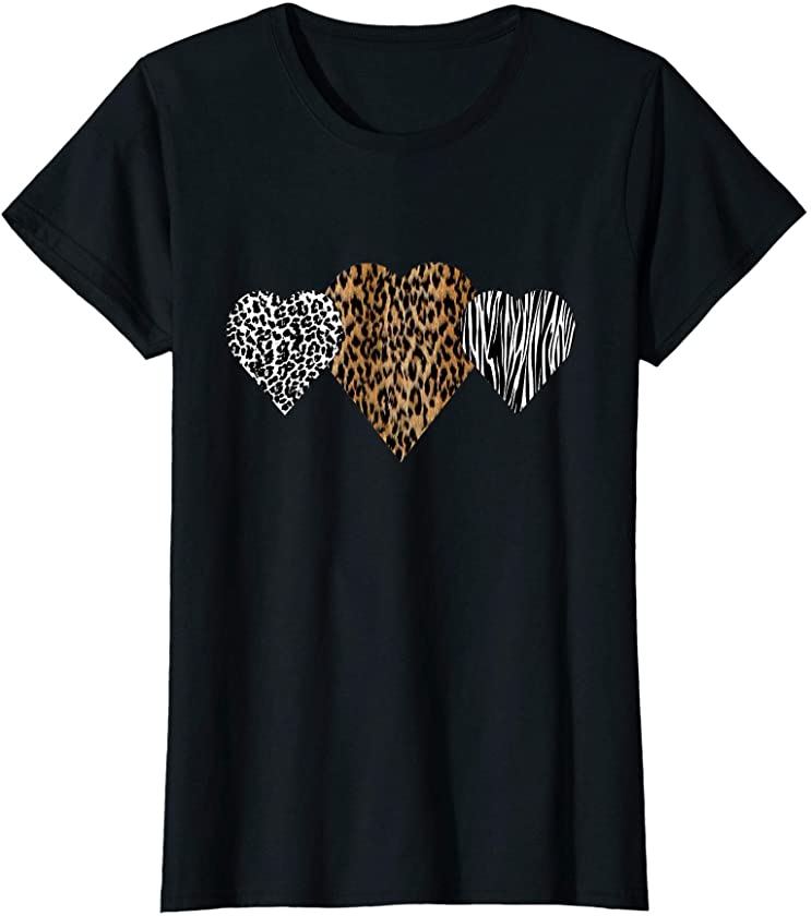 Womens Cute Hearts Love Leopard, Cheetah & Zebra Animal Print T-Shirt