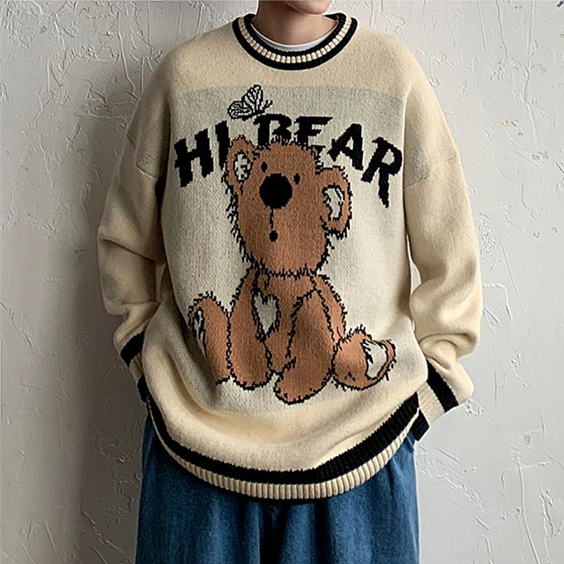 Vintage Cute Bear Butterfly Brown Sweater Women Aesthetic Winter Tops Couples Oversized Kawaii Clothes Vintage Streetwear Girl alx