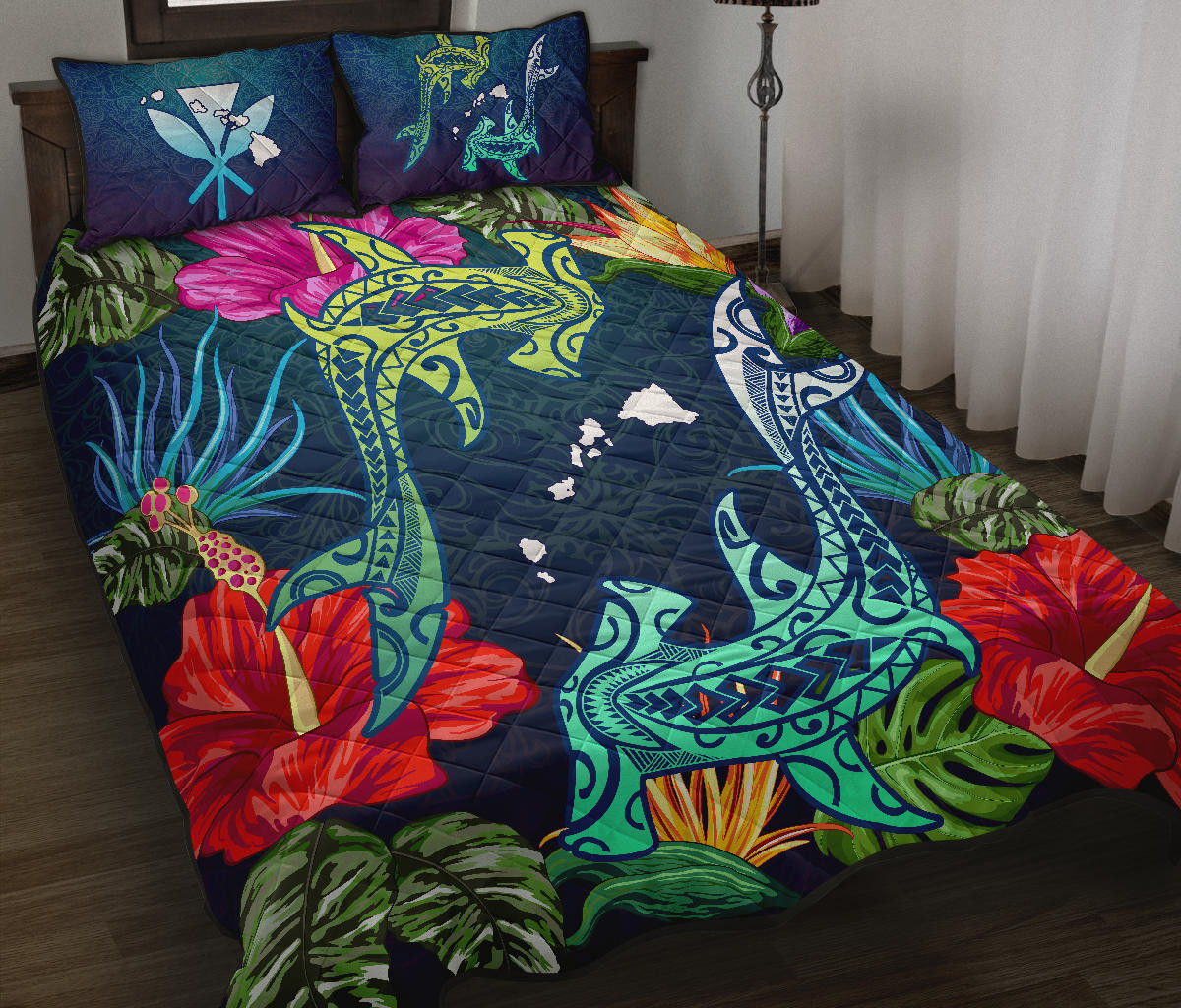 Alohawaii Home Set – Hawaii Shark Tropical Color Quilt Bed Set – Ah – J4