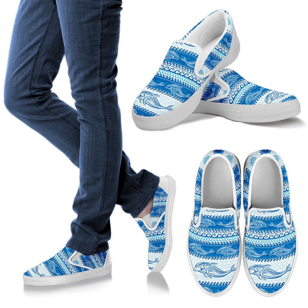 Dolphin Tribal Print Pattern Men Slip Ons Shoes