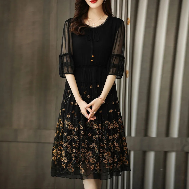 2022 Summer Dress Mother Heavy Embroidered Flower High-End Dress Female Spring High-End Imitation Mulberry Silk Floral Dress alx