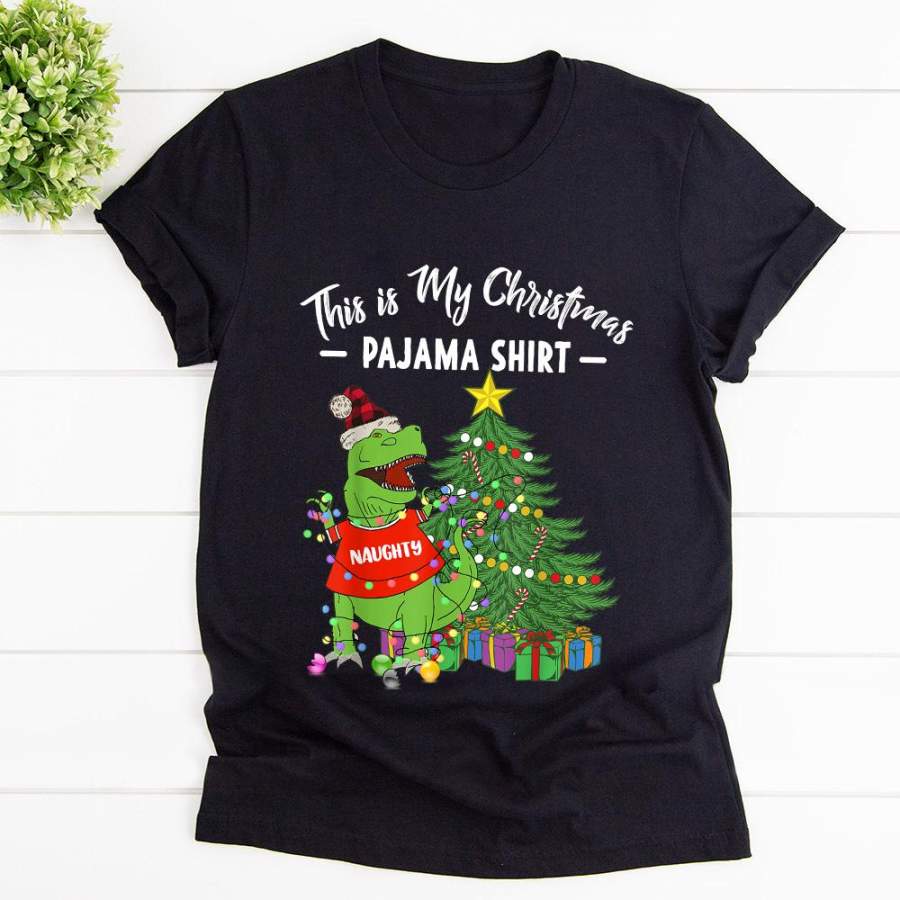 Dinosaur this is my christmas pajama shirt naughty colorful light candy cane black cotton t shirt for men and women S-6XL