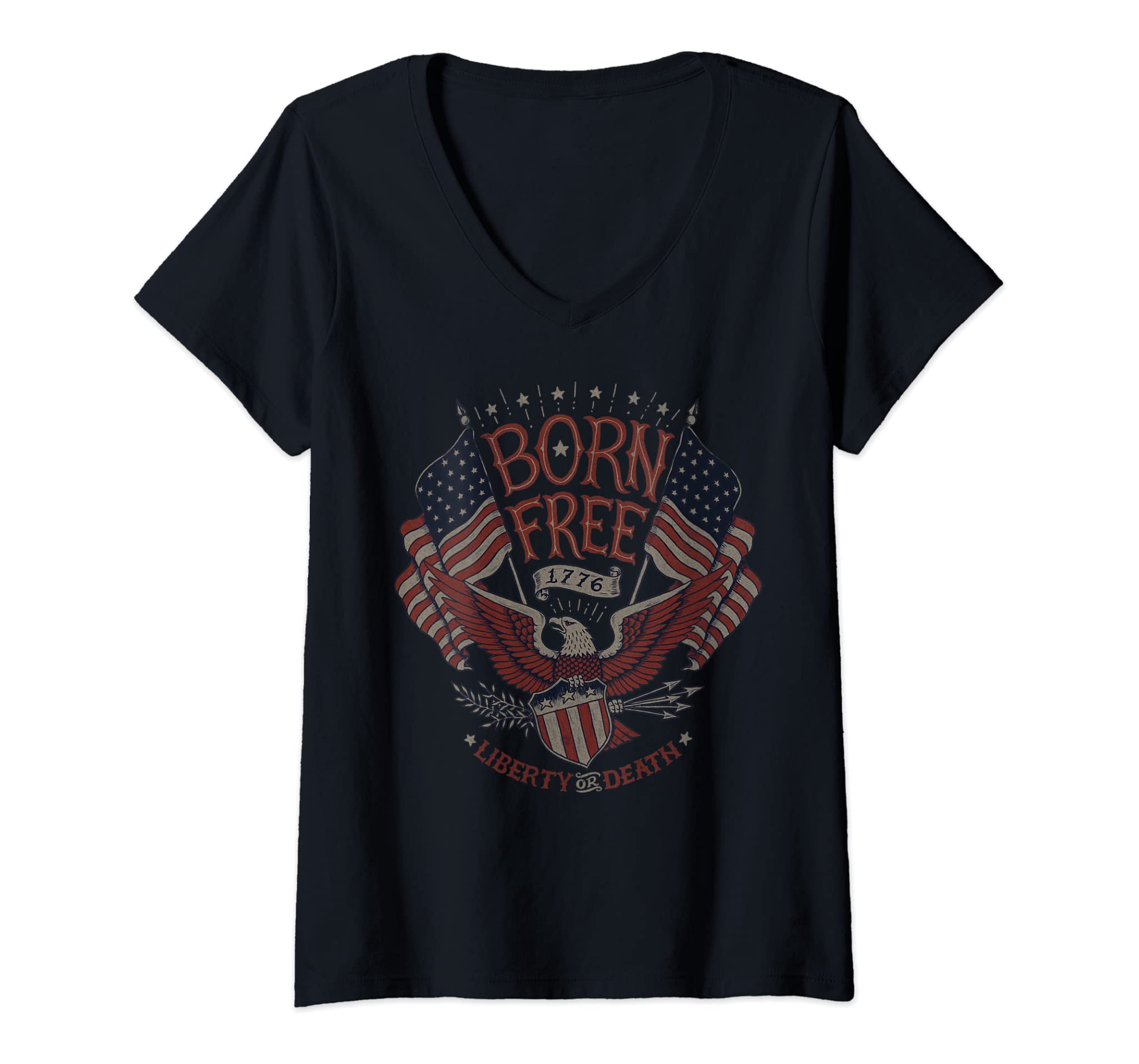 Womens Vintage Born Free Eagle American Flag 1776 4th of July USA V-Neck T-Shirt