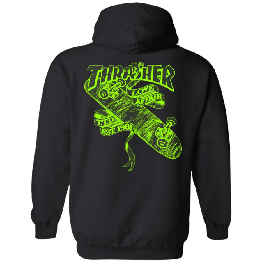 Thrasher Love Affair TTD EST 1981 green logo Back print Pullover Hoodie