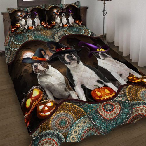 465DDTDOG-Boston Terrier Halloween Pumpkin Quilt Bed Set