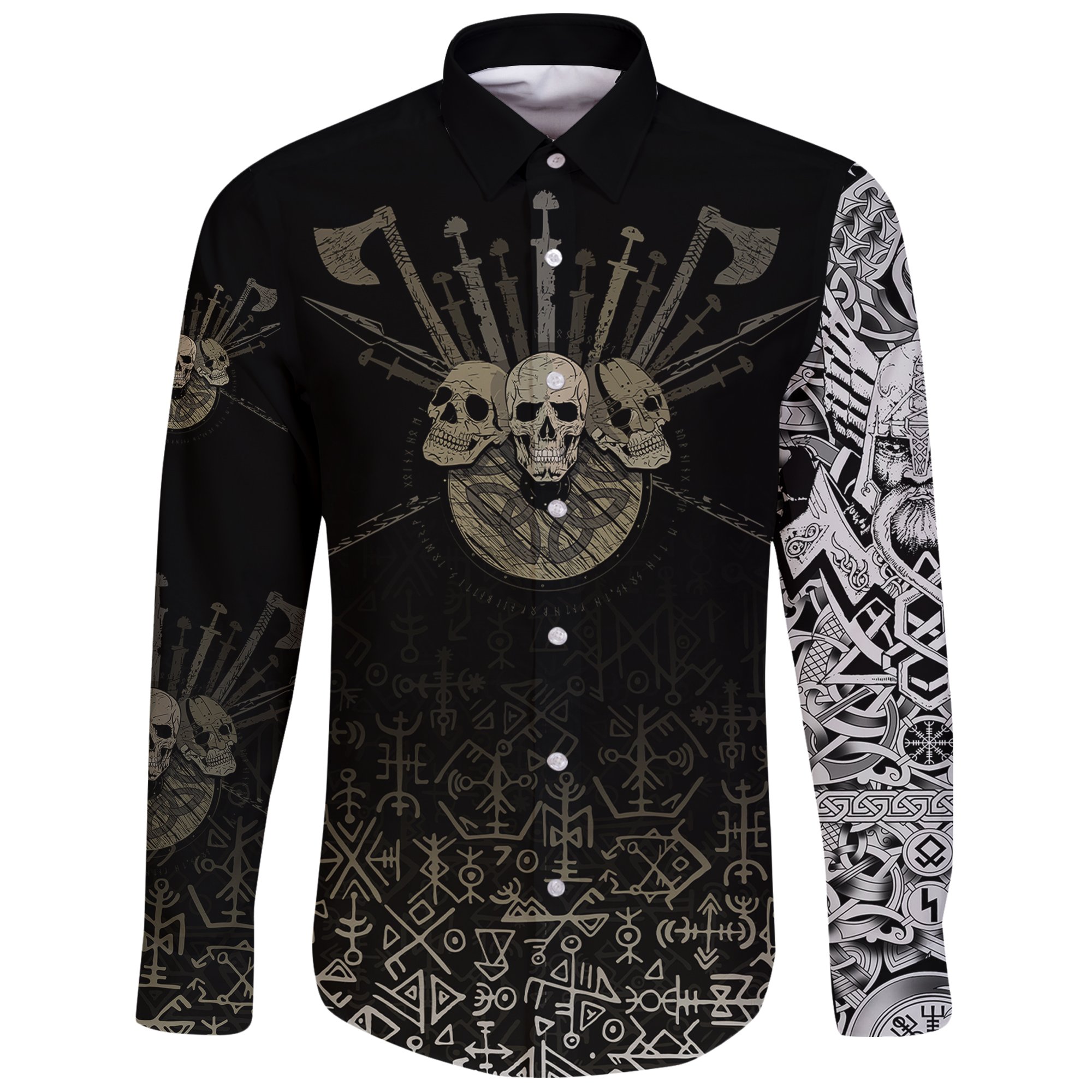 (Custom) Viking Long Sleeve Button Shirt Three Skull Of Viking A27