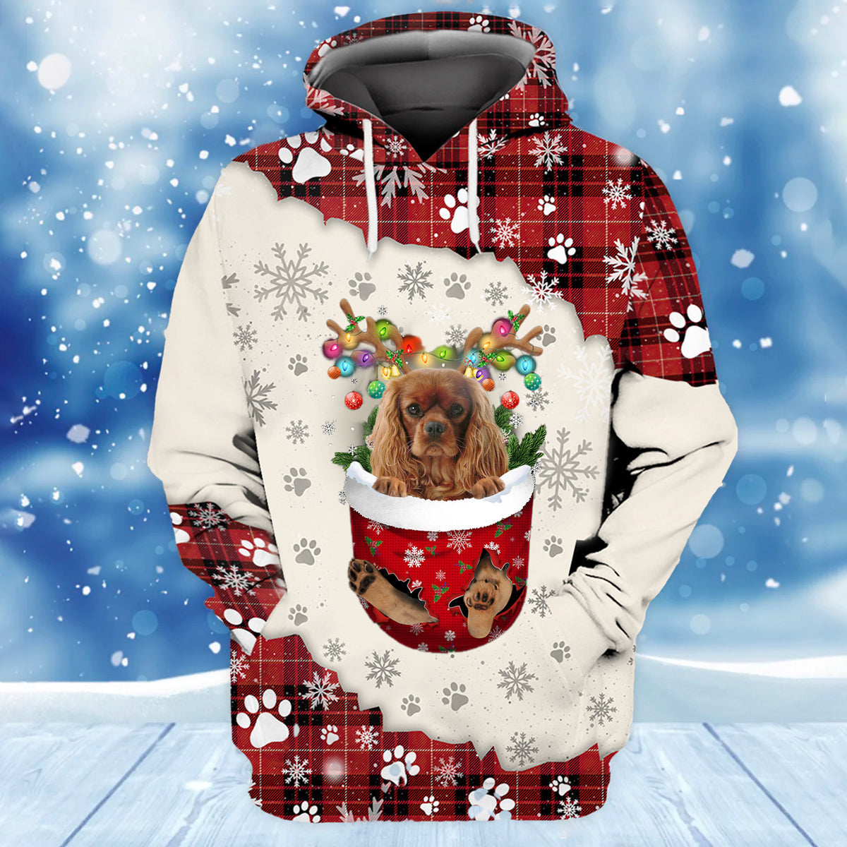 Cavalier King Charles Spaniel In Snow Pocket Merry Christmas Unisex Hoodie