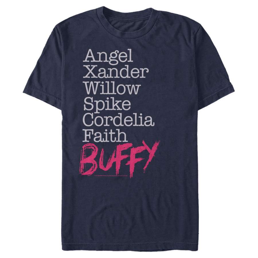 Buffy the Vampire Slayer Men’s Character Name Stack  T Shirt