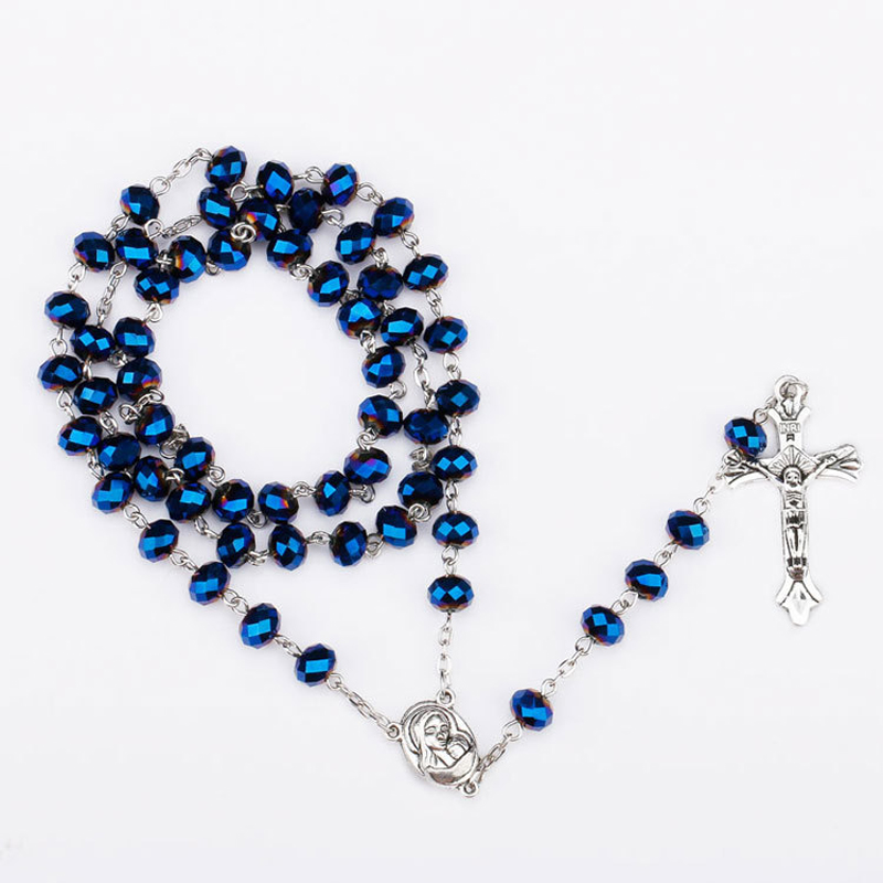 Blue Crystal Beads Rosary Necklace Catholic Prayer Jerusalem Holy Soil Medal Cross Holy Land Religious Rosaries Beads Collection alx