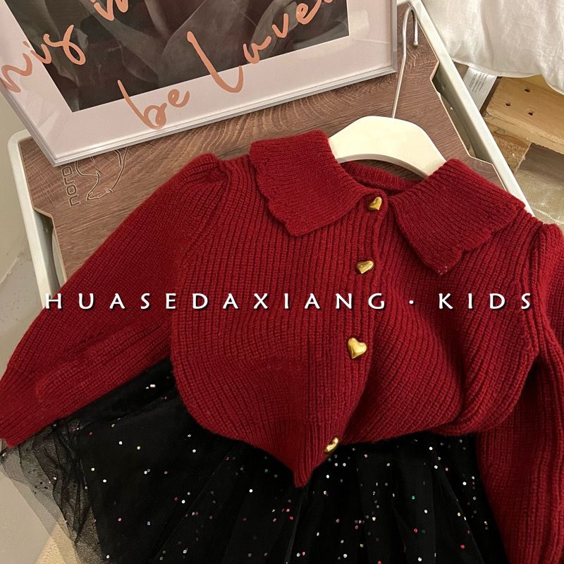 Autumn New Children Single breasted Christmas red Soft Sweater Baby Girls Wave Neck Heart Button Puff Sleeve Knit Cardigan Coat alx