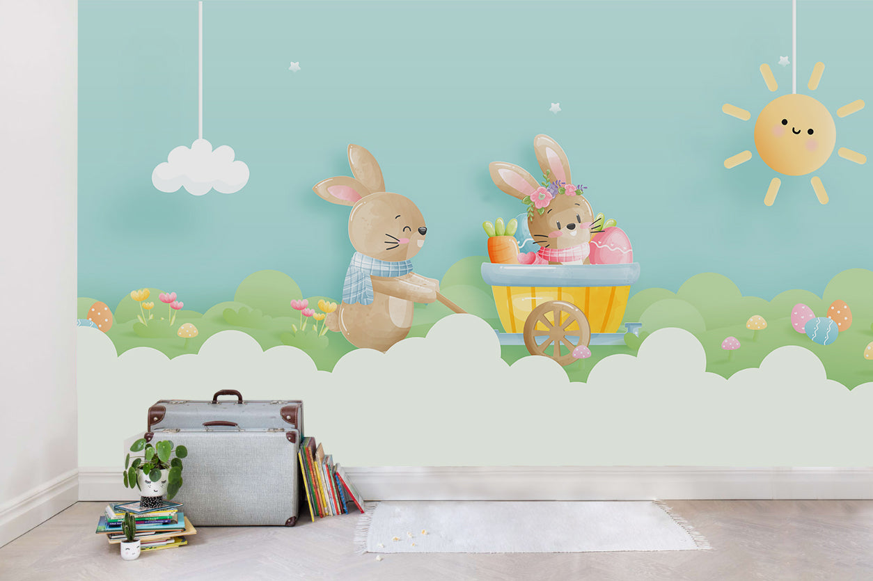 3D Cartoon Rabbit Floral Wall Mural Wallpaper Sww  302