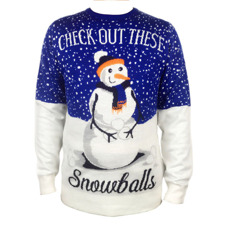 Tacky Knit Blue White Contrast Color Crew Neck Unisex Men and Women Graphic Snowman Check These Snowballs Ugly Christmas Sweater alx