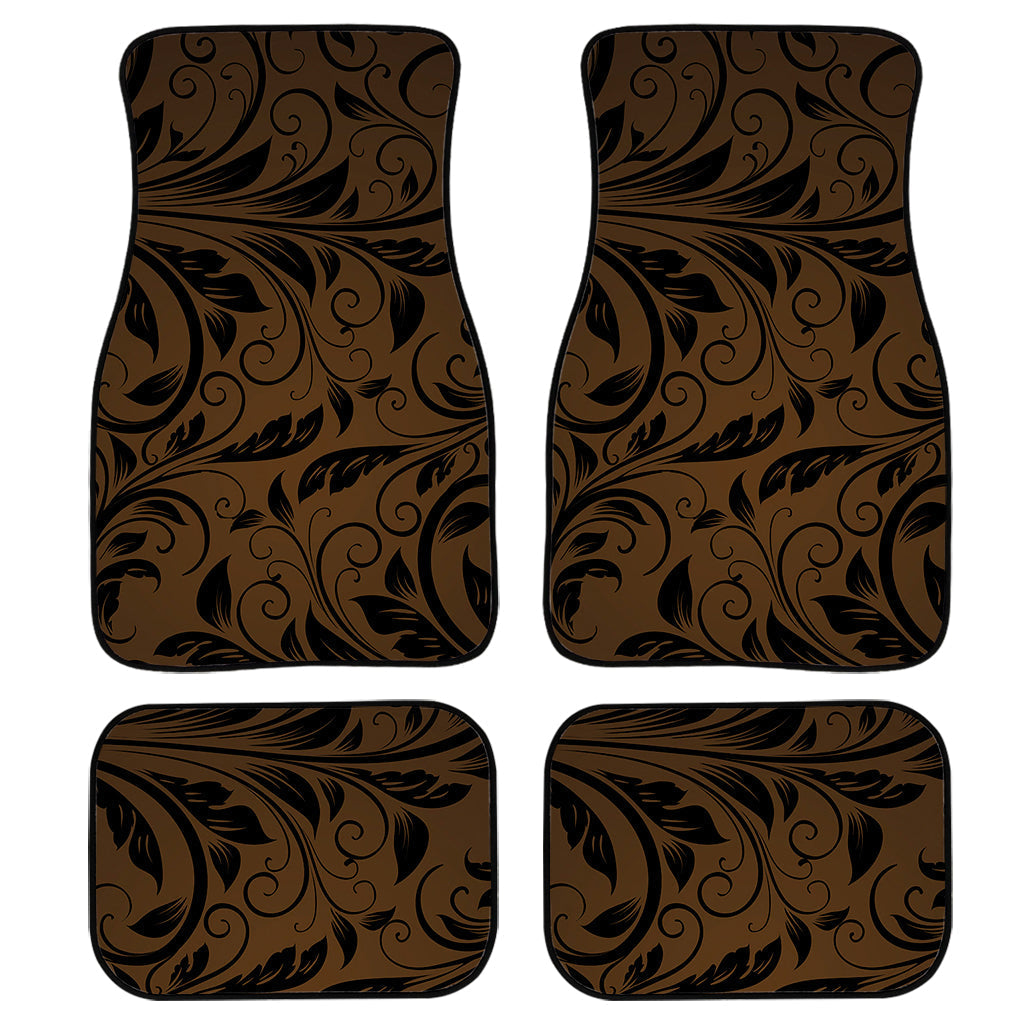 Dark Brown Western Damask Print Front And Back Car Floor Mats, Front Car Mat