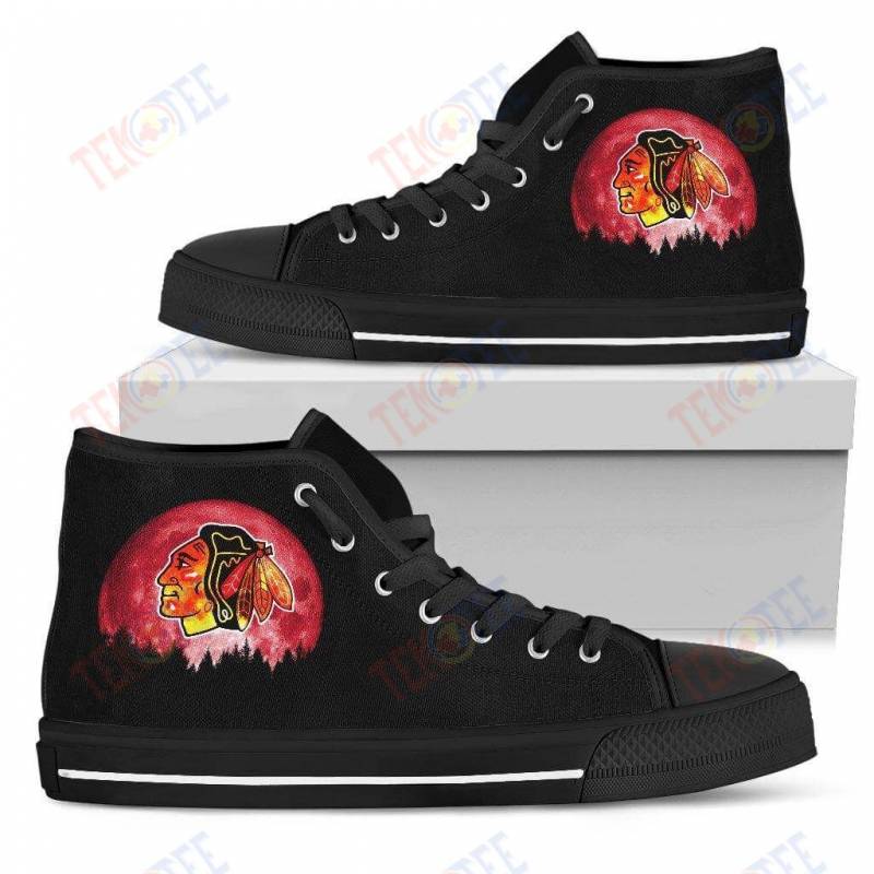 Mens Womens Chicago Blackhawks High Top Shoes Halloween Orange Moon Mystery Custom Canvas Shoes TMT735