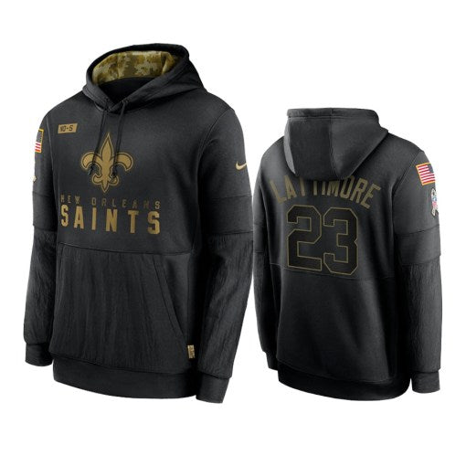 New Orleans Saints Marshon Lattimore Black 2020 Salute To Service Sideline Performance Pullover Hoodie