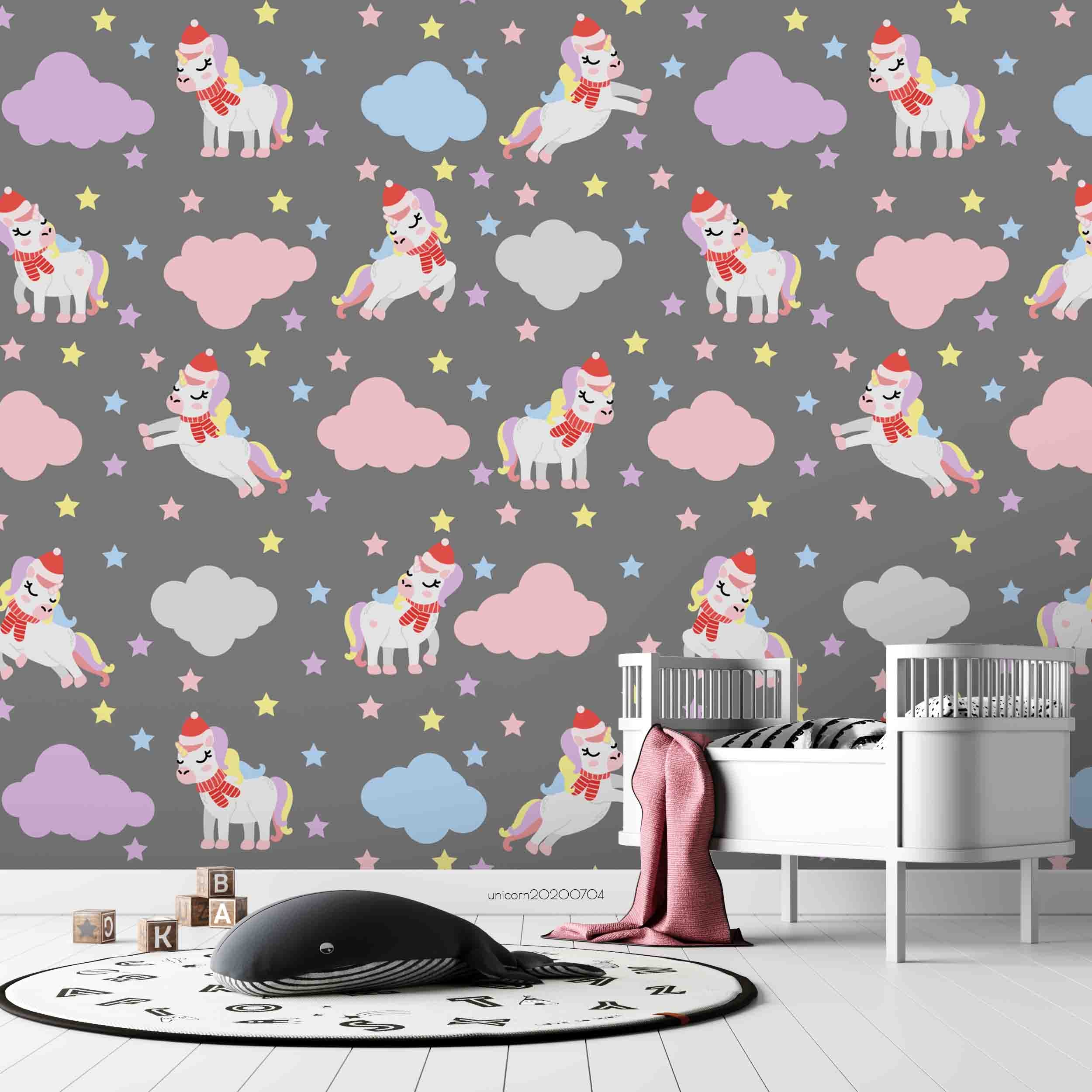 3D Cartoon Colorful Unicorn Pink Cloud Wall Mural Wallpaper Lxl 238