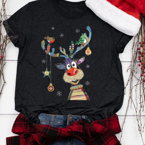 Christmas Deer Print Short Sleeve T-Shirt – Black