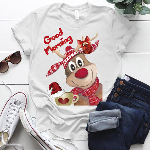 Christmas Reindeer Good Morning Printed Holiday Women Tshirts