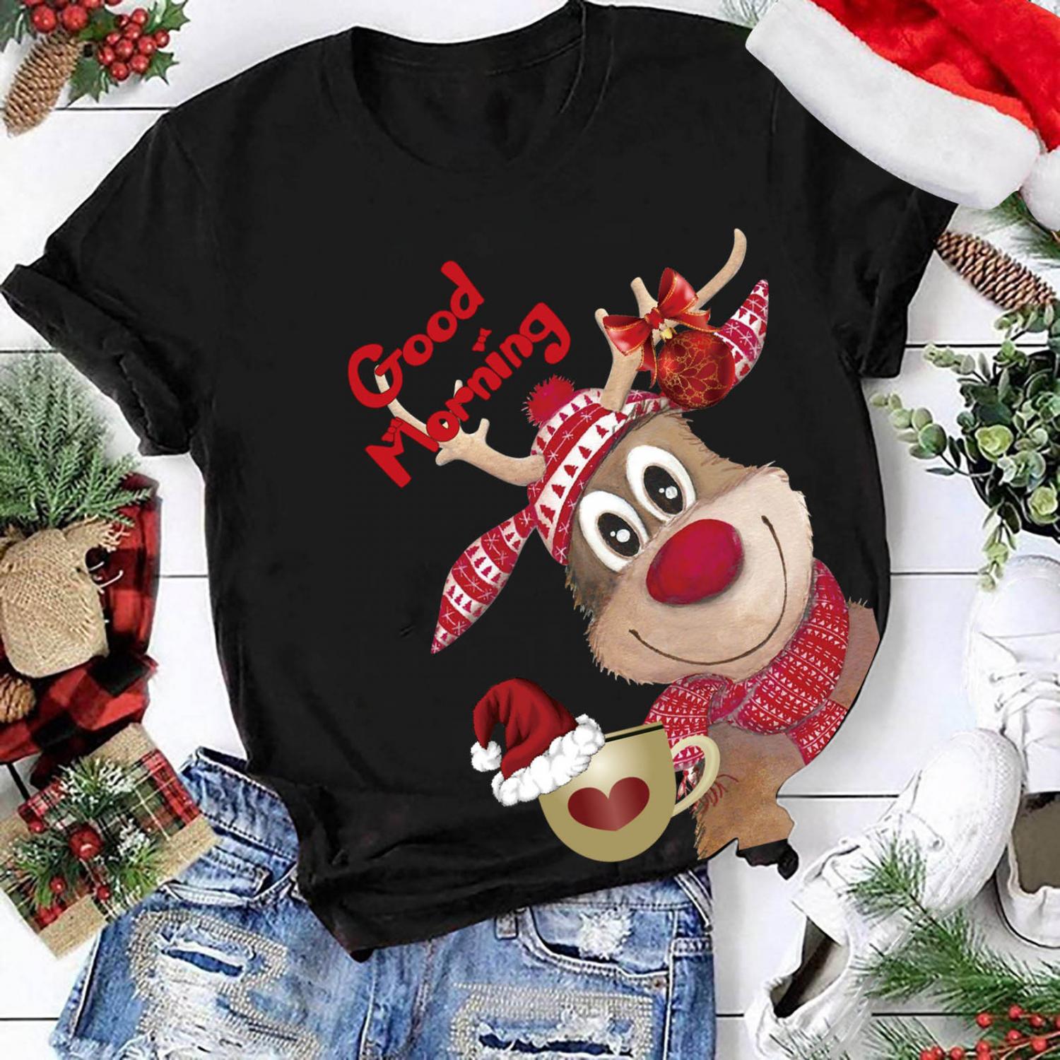 Christmas Reindeer Good Morning Printed Holiday Women Tshirts – Black