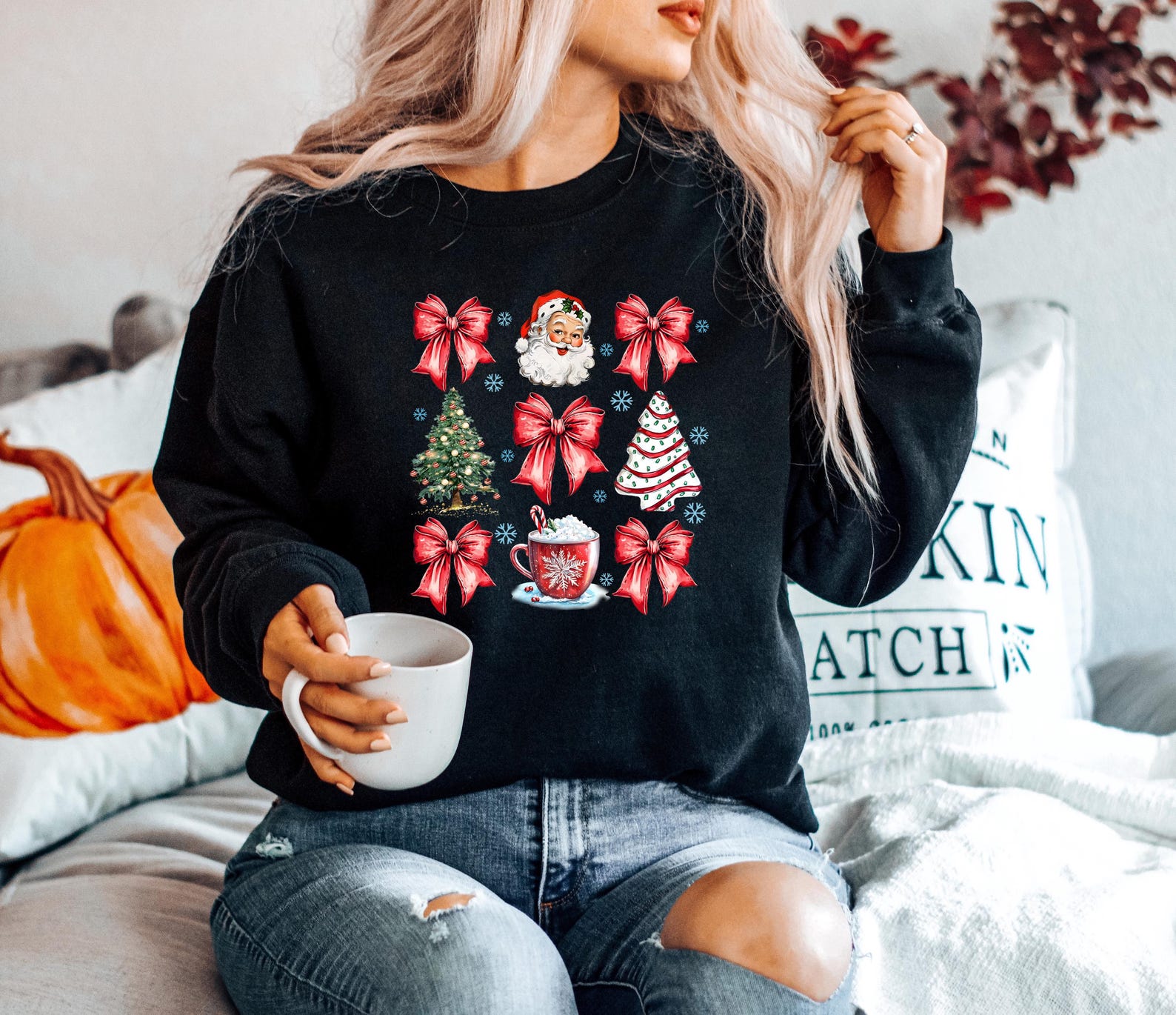 Coquette Christmas Sweatshirt, Santa Coquette Sweater, Christmas Tree Sweatshirt, Retro Christmas Sweatshirt/BLACK