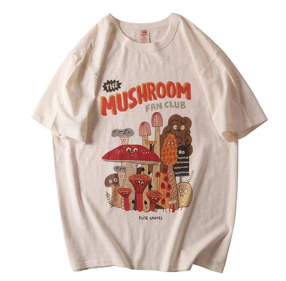 Cotton Material Retro Apricot Mushroom Cute T Shirts O-neck Casual Summer Woman Tshirts Fashion Streetwear Kawaii