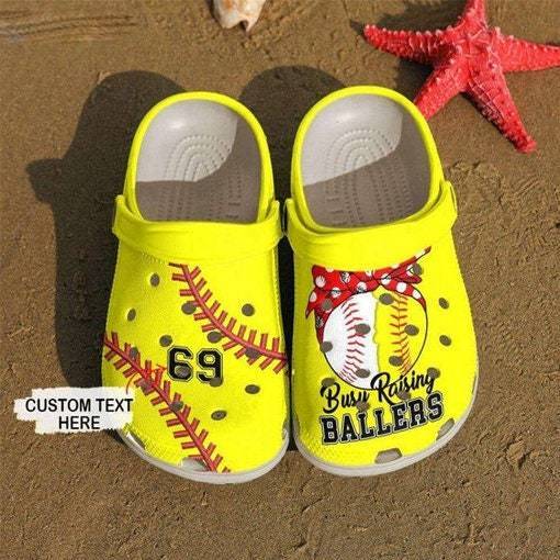 Custom Number Busy Raising Ballers Softball Baseball Mom Yellow Clogs Shoes, Gifts For Adults Kids Crocss