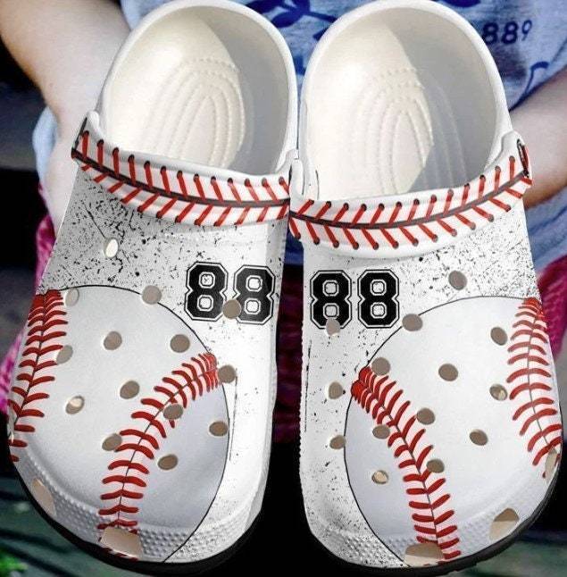 Custom Number Simple White Baseball Clogs Shoes, Baseball Print Crocss, Gift Birthday