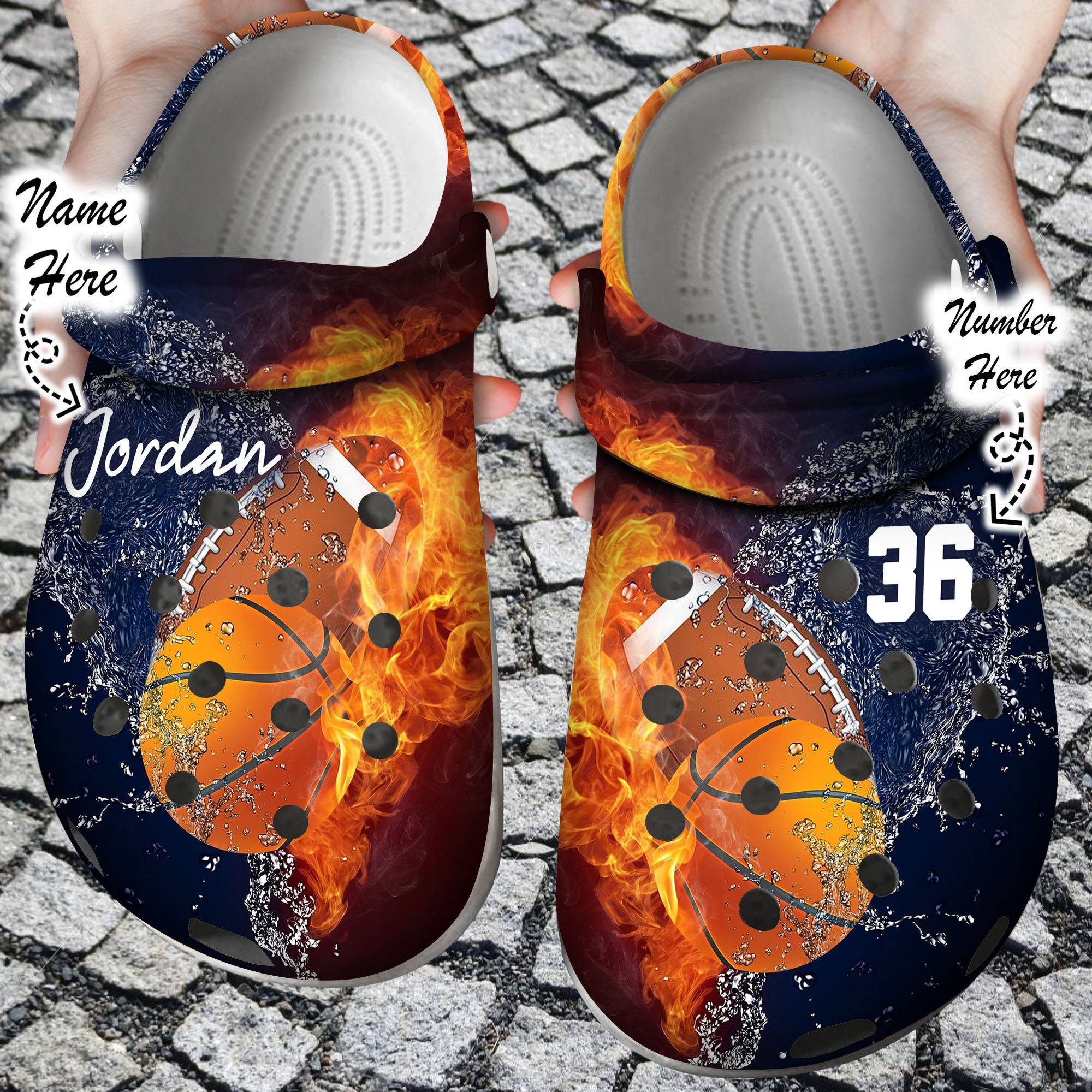 Custom Personalized Fire and Water Football and Basketball Clog Crocss Shoes