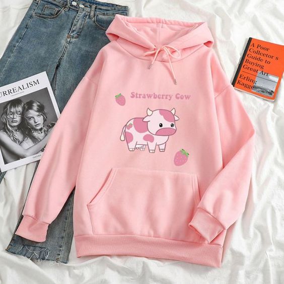 Cute Cartoon Letter STRAWBERRY COW Pattern Pouch Pocket Hoodie