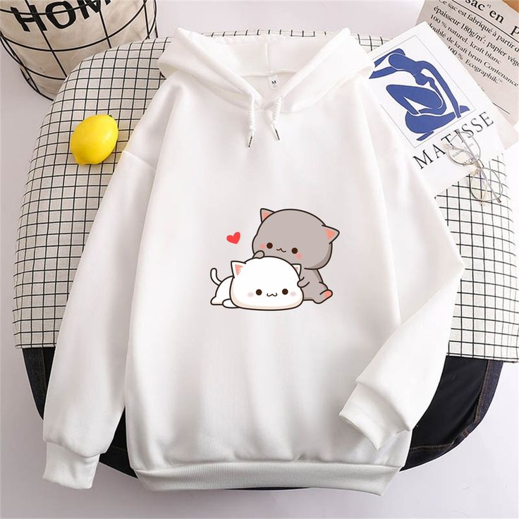 Cute Cartoon pet Cat personalized Hoodie,Super Soft And Comfy thicken Pullover Sweatshirts Men Unisex Long Sleeve Kawaii Clothes, White