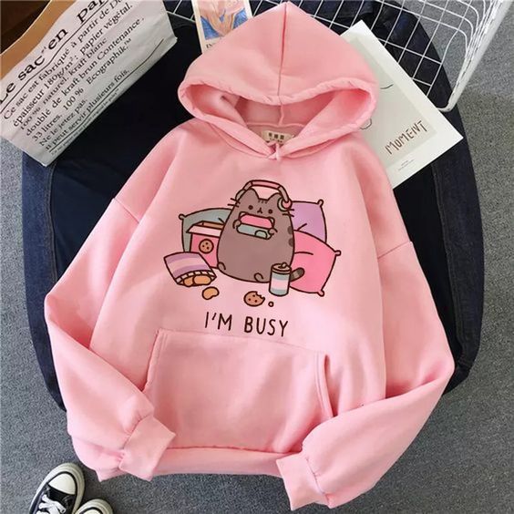 Cute Cat Game Pink Oversized Cartoon Print Casual Sweatshirt Hoodie Pullover E-Girl Kawaii Korean Japanese Harajuku Retro Streetwear Aesthetic