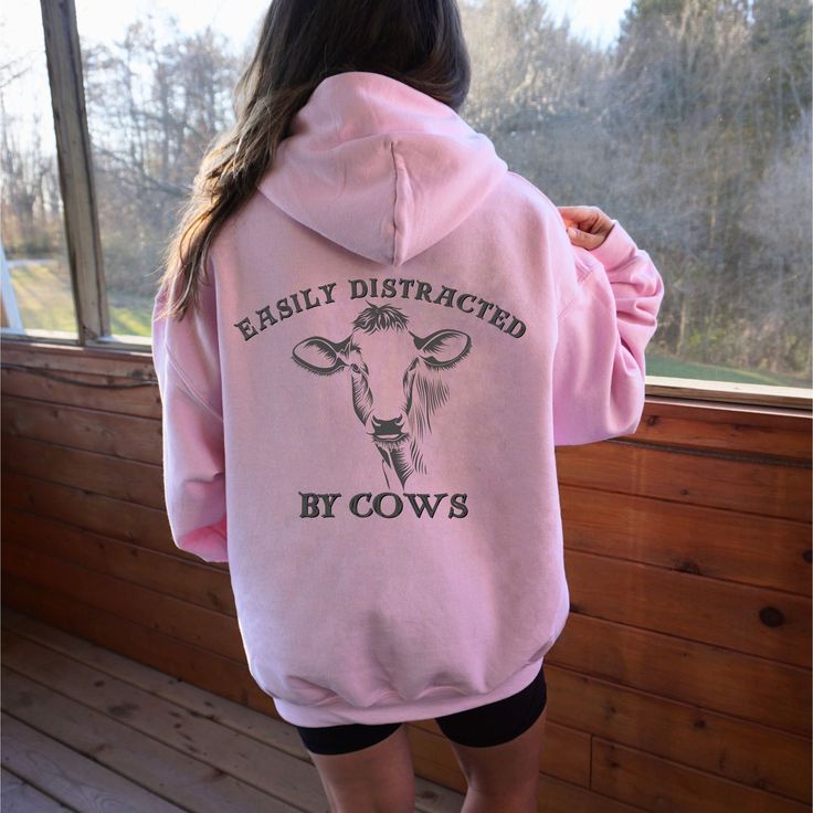 Cute Cow Hoodie Back Print Easily Distracted By Cows Farm Life Funny Animal Sweat Country Farm Love Tee Humor Farmer Unisex Gift Cow Hoodie, Light Pink