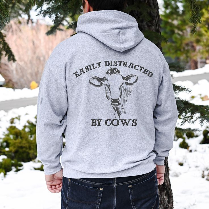 Cute Cow Hoodie Back Print Easily Distracted By Cows Farm Life Funny Animal Sweat Country Farm Love Tee Humor Farmer Unisex Gift Cow Hoodie, Sport Grey