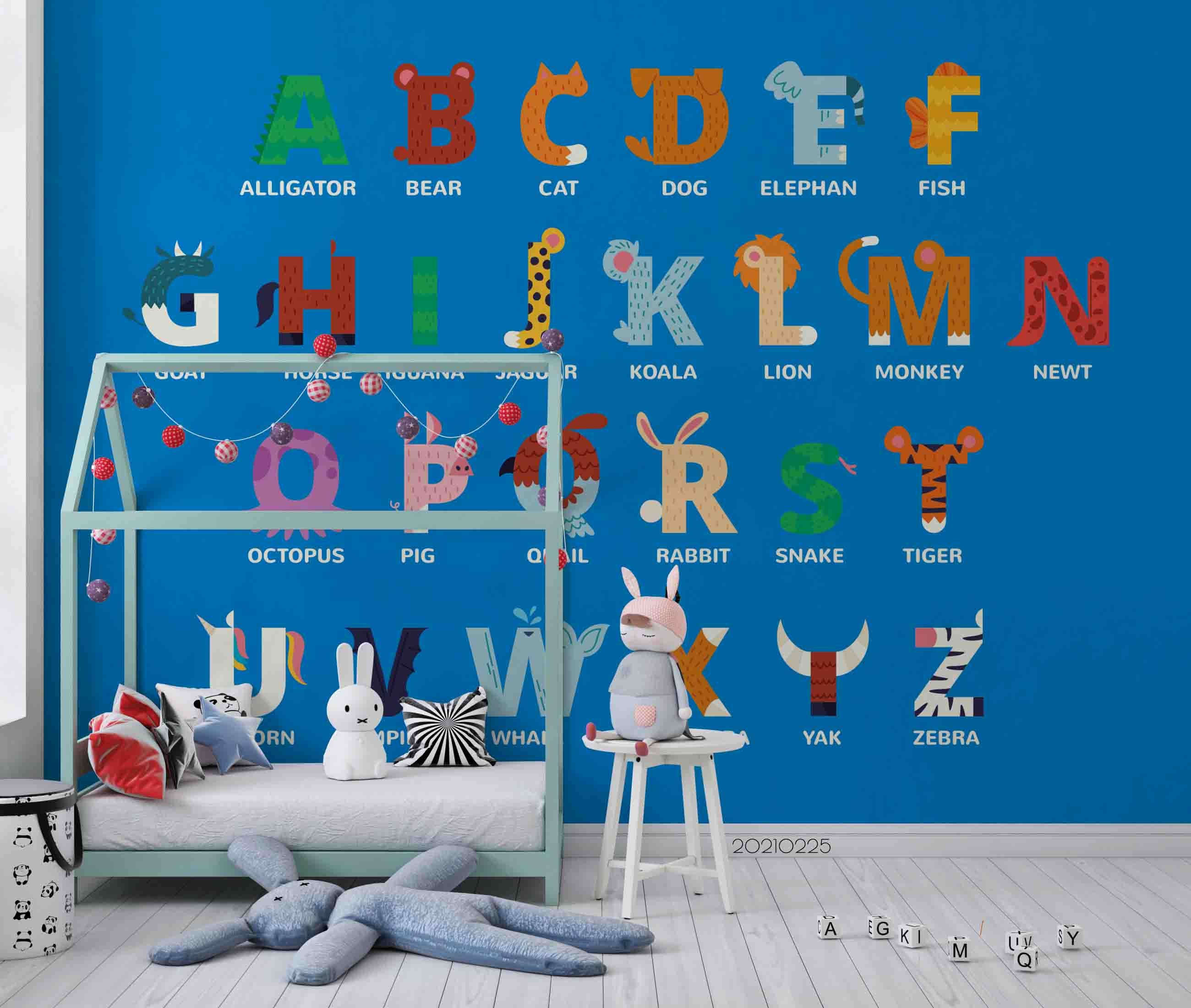 3D Cartoon Blue Animal Alphabet Wall Mural Wallpaper Lqh 166