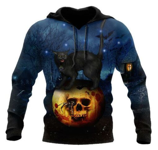 Halloween Skull Black Cat 3D All Over Printed Shirts For Men And Women, Halloween Gift