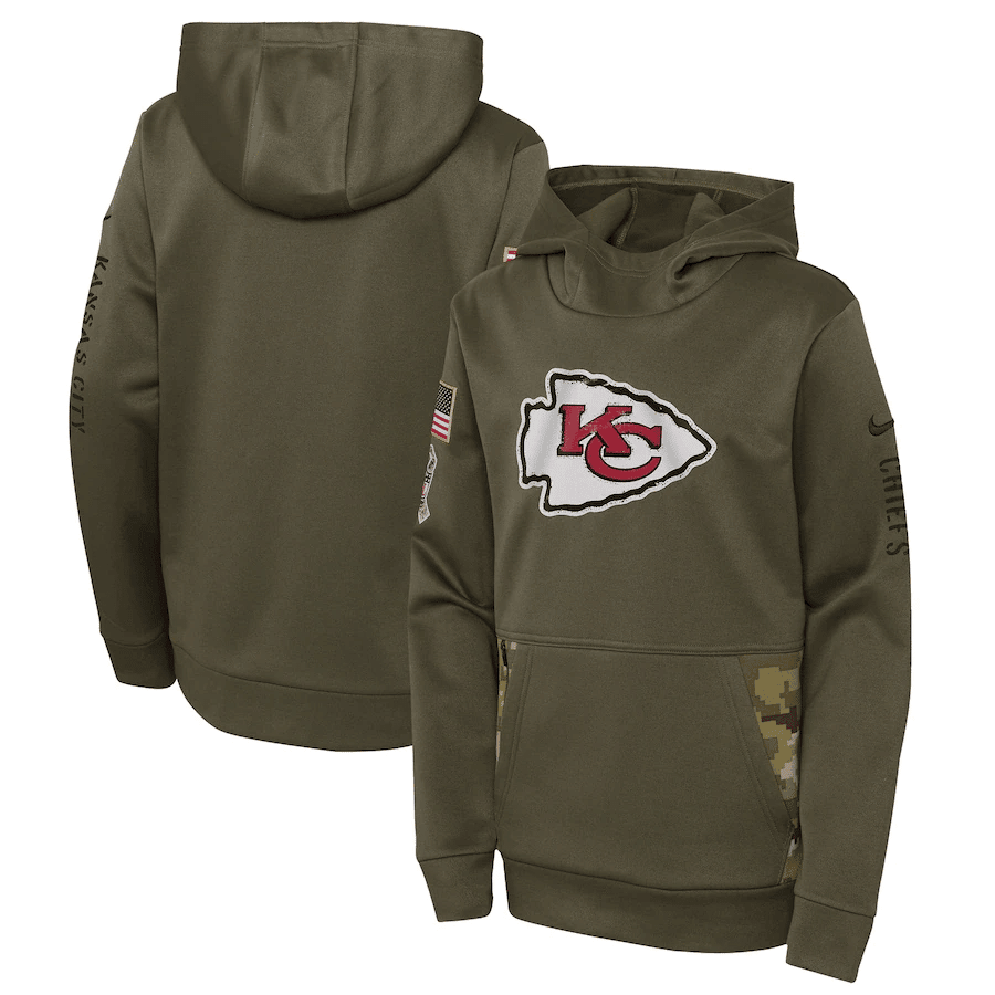 Kansas City Chiefs Youth 2022 Salute To Service Performance Pullover Hoodie – Olive