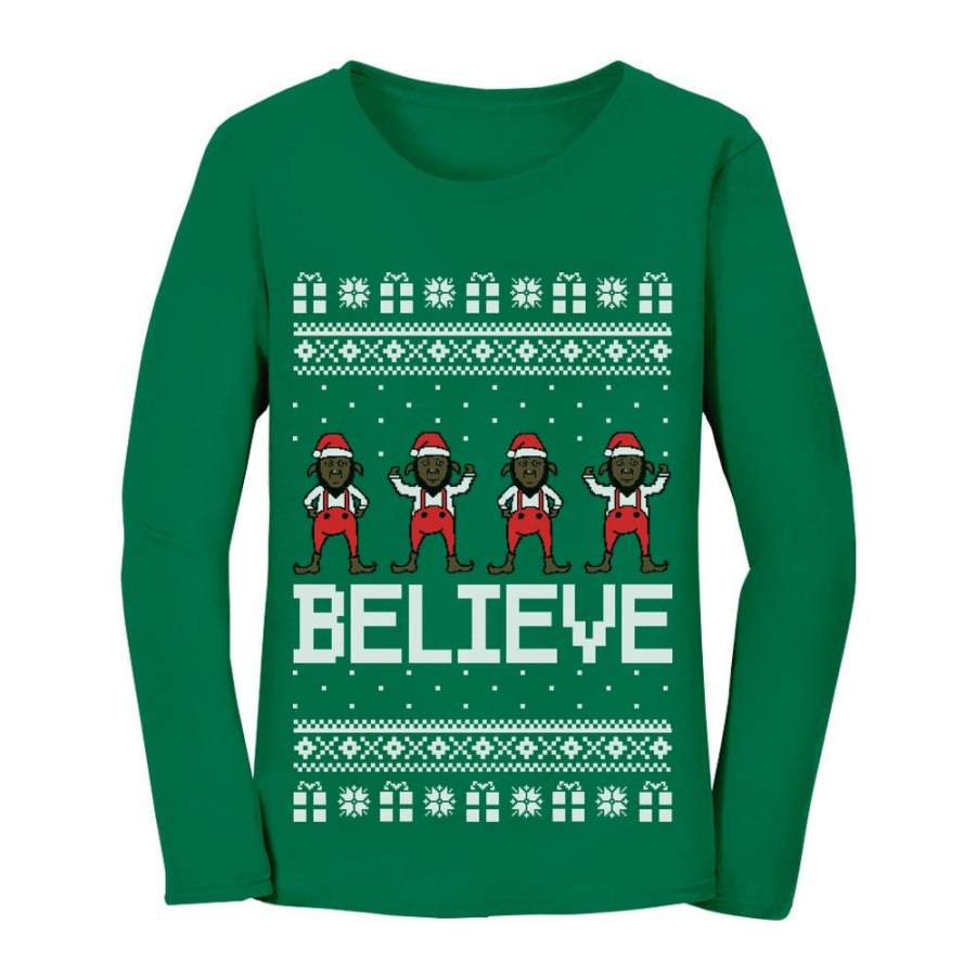 Believe Black Santa Elves Ugly Christmas Sweater Women Long Sleeve T-Shirt