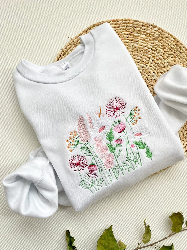 Wildflowers Embroidered Sweatshirt 2D Crewneck Sweatshirt All Over Print Sweatshirt For Women Sweatshirt For Men Sws4177