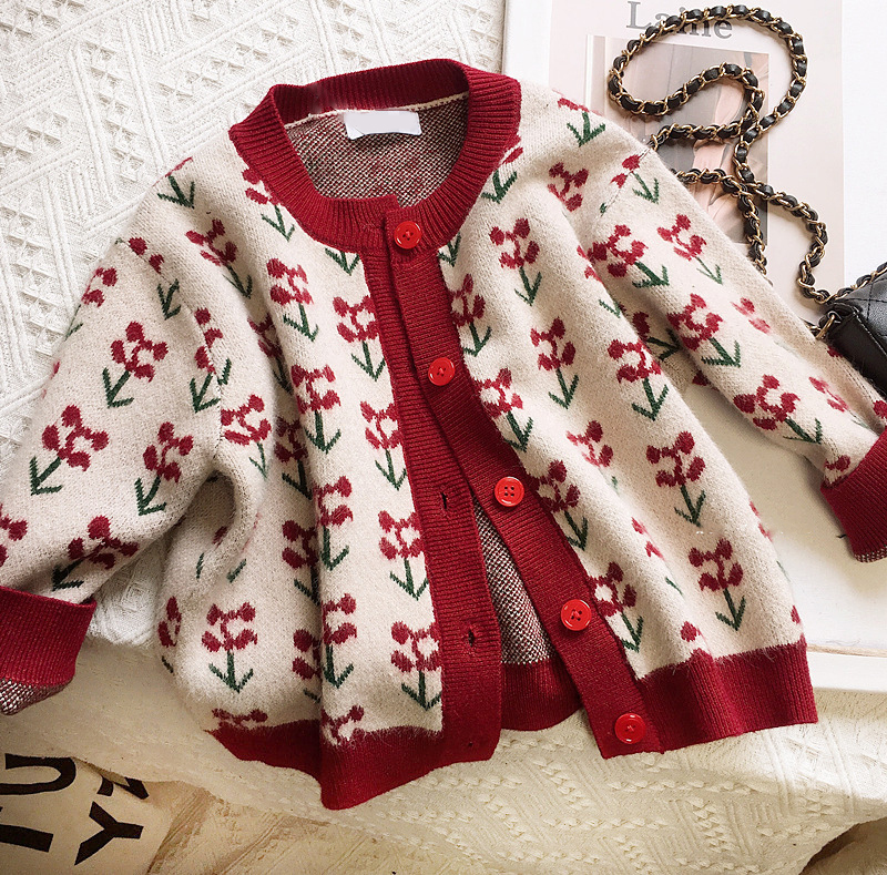 2022 Girls’ Autumn Clothing New Korean Children’S Knitted Sweater Cardigan Flower Fashion Button Baby Kids Winter Jacket alx