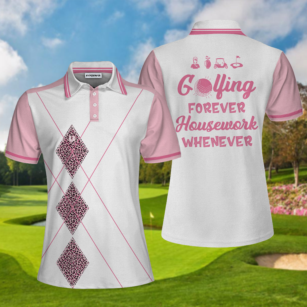 Golfing Forever Housework Whenever Leopard Argyle Style Golf Short Sleeve Women Polo Shirt, Unique Female Golf Gift Coolspod