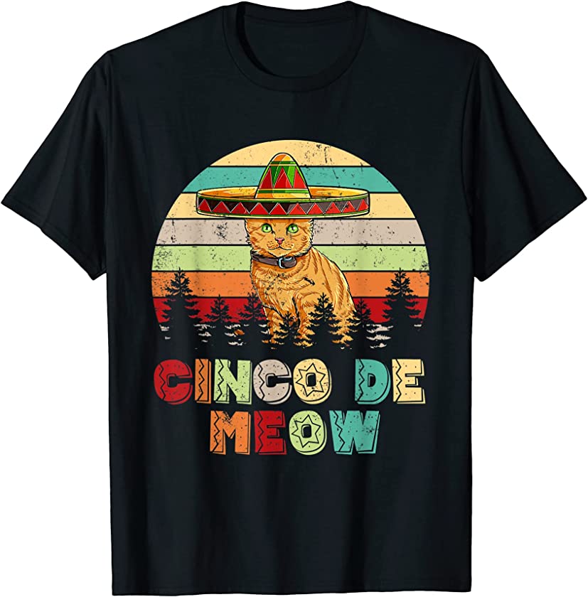 Retro Vintage Cinco De Meow Mexican Fiesta Cat Kitten Lovers T-Shirt