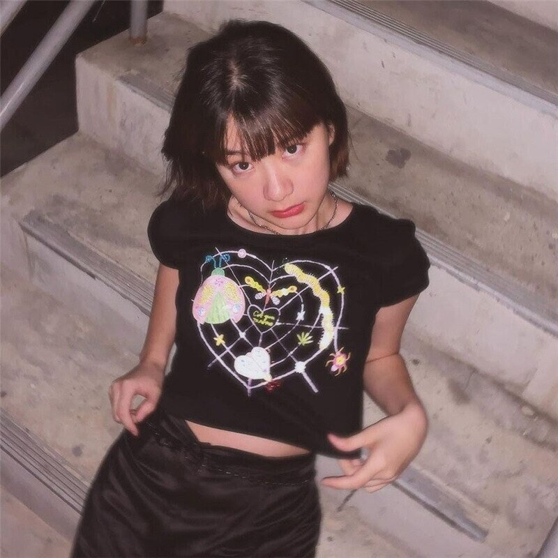 Spider Web Black Crop T-shirt, Gothic E-girl Streetwear, Cute Cartoon Print Tee, Summer Aesthetic Fashion, y2k 2000s Vintage Slim Crop Top