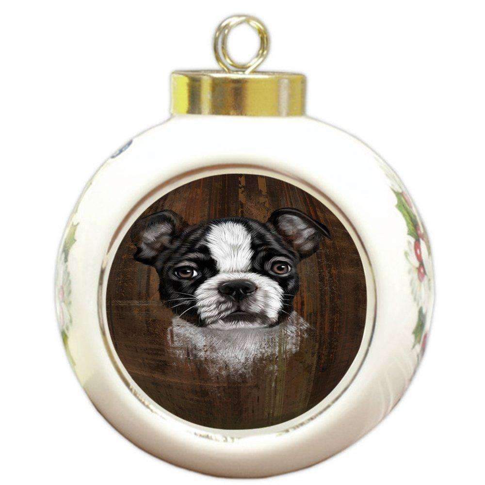 Rustic Boston Terrier Puppy Round Ball Christmas Ornament Rbpor48213