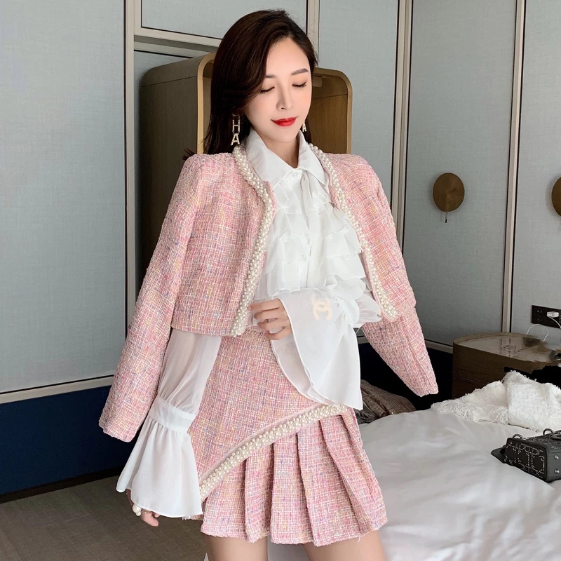 WIGADFHK Autumn Tweed 3 Piece Set Women Pearls Beading Short Jacket Coat+White Chiffon Shirts+Mini Pleated Skirt Set Winter alx