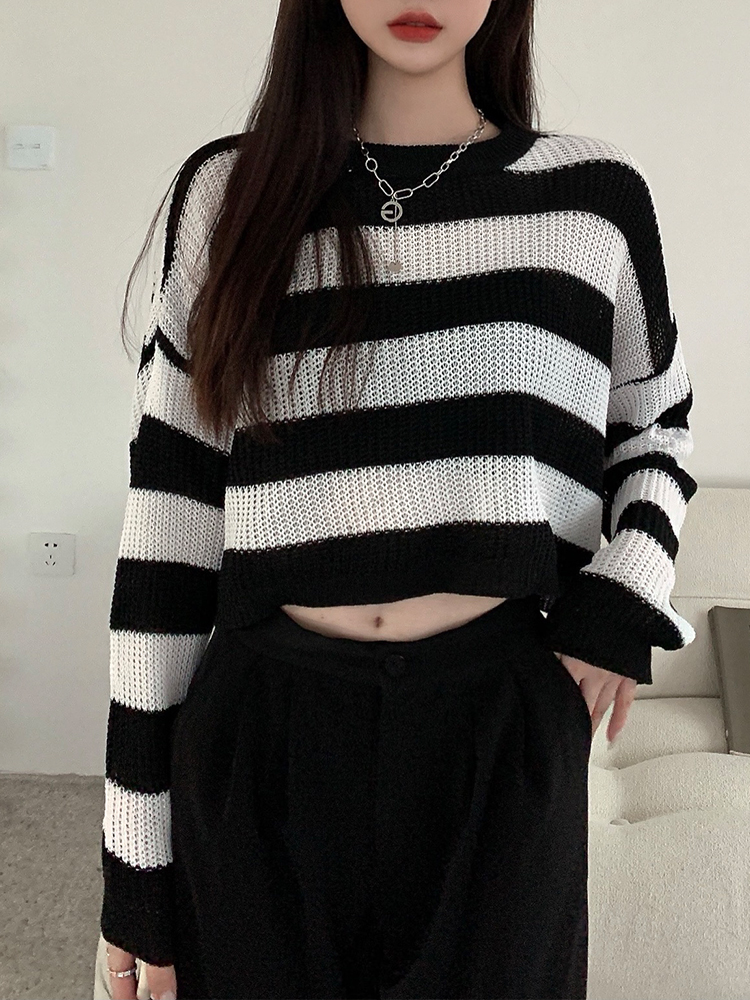 Women’s Long Sleeve Crew Neck Striped Color Block Comfy Loose Oversized Knitted Pullover Sweater Crew Neck Cropped Top alx